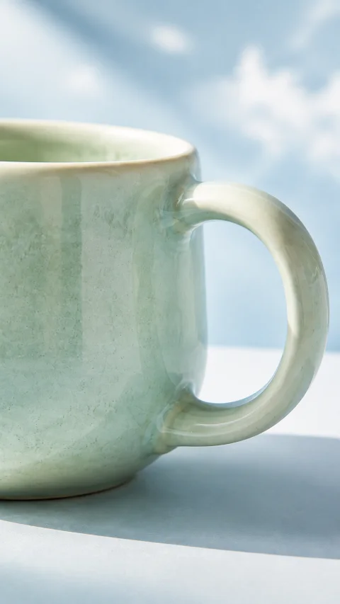 A celadon ceramic mug in natural light