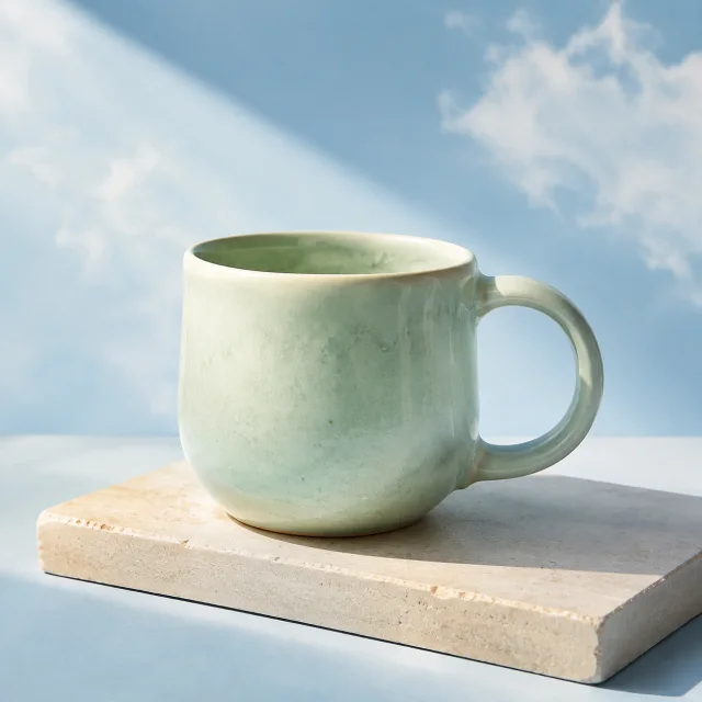 A celadon ceramic mug in natural light